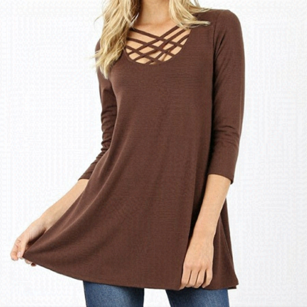 ZENANA 3/4 Sleeve Brown Tunic Top Size Small NWT